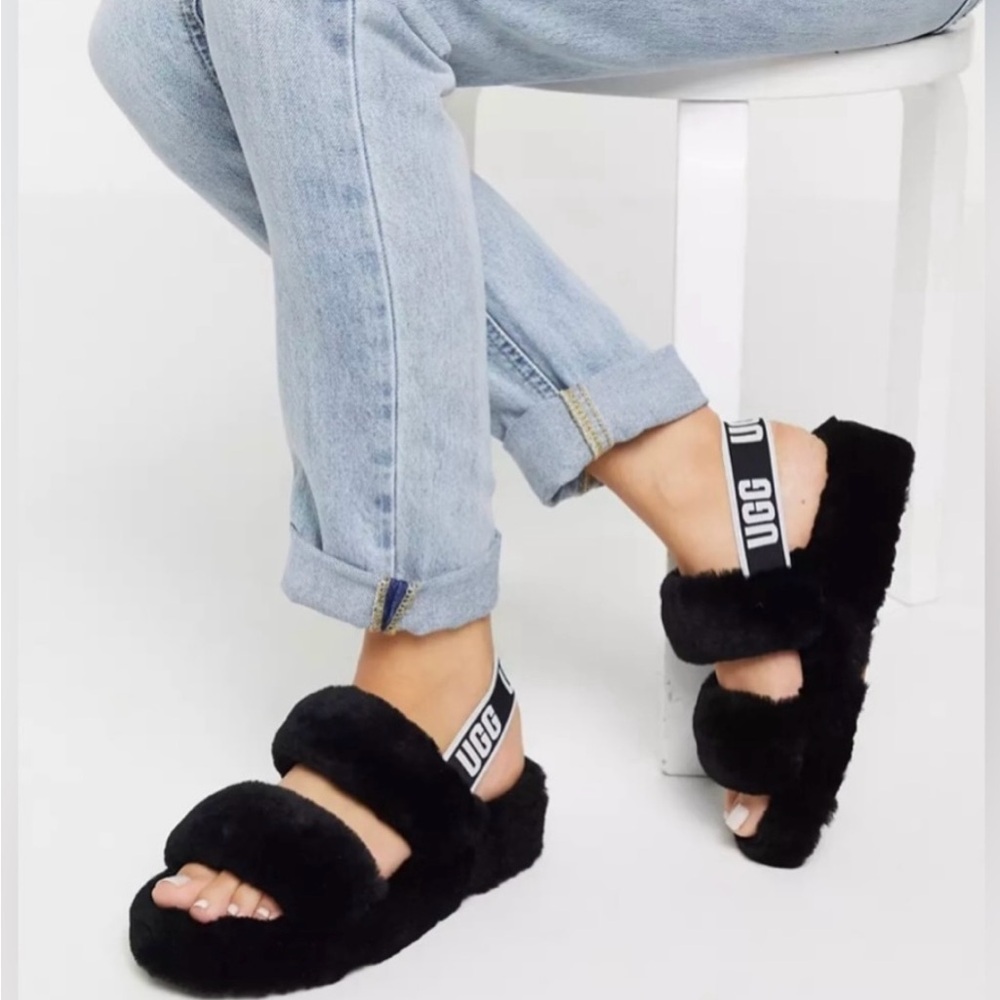 NWOT UGG Fluff Yeah black sling back fuzzy soft slides.Size 6